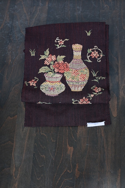 Nagoya obi (used sash) - brown, yellow, green - vase and flower pattern - handwoven - Zz1