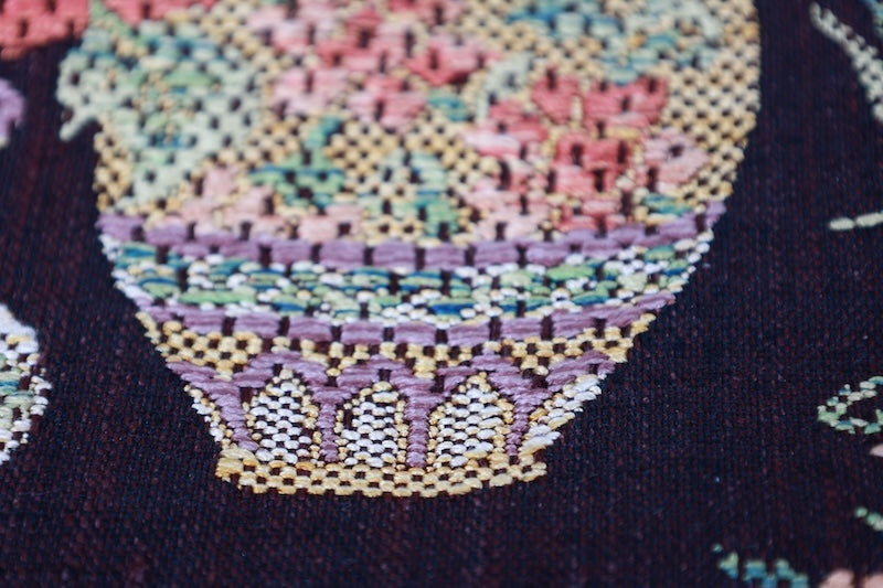 Nagoya obi (used sash) - brown, yellow, green - vase and flower pattern - handwoven - Zz1