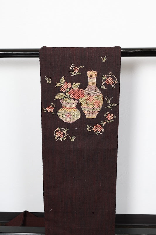 Nagoya obi (used sash) - brown, yellow, green - vase and flower pattern - handwoven - Zz1