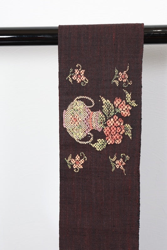 Nagoya obi (used sash) - brown, yellow, green - vase and flower pattern - handwoven - Zz1