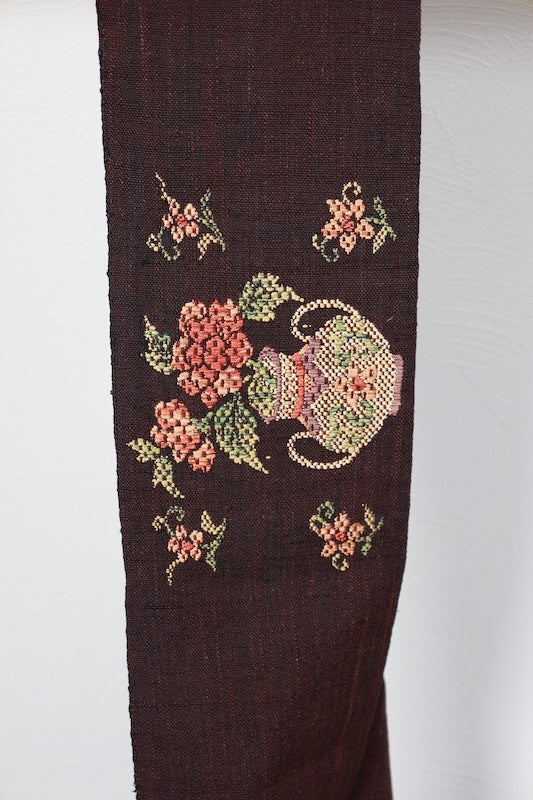 Nagoya obi (used sash) - brown, yellow, green - vase and flower pattern - handwoven - Zz1