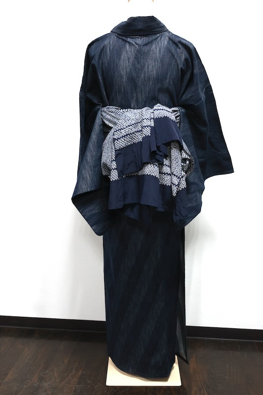 Yukata obi (used sash) - Indigo and white, Kanoko Shibori (tie-dye pattern) Zz5