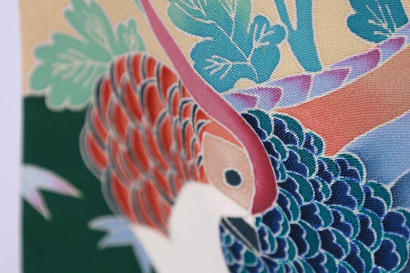 Black formal kimono used(Kurotomesode) - Green, coral, blue, gold - Flower and bird design - Hand-painted - Kyo-Kaga Yuzen (Kyoto style) - J4