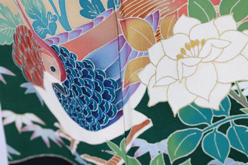 Black formal kimono used(Kurotomesode) - Green, coral, blue, gold - Flower and bird design - Hand-painted - Kyo-Kaga Yuzen (Kyoto style) - J4