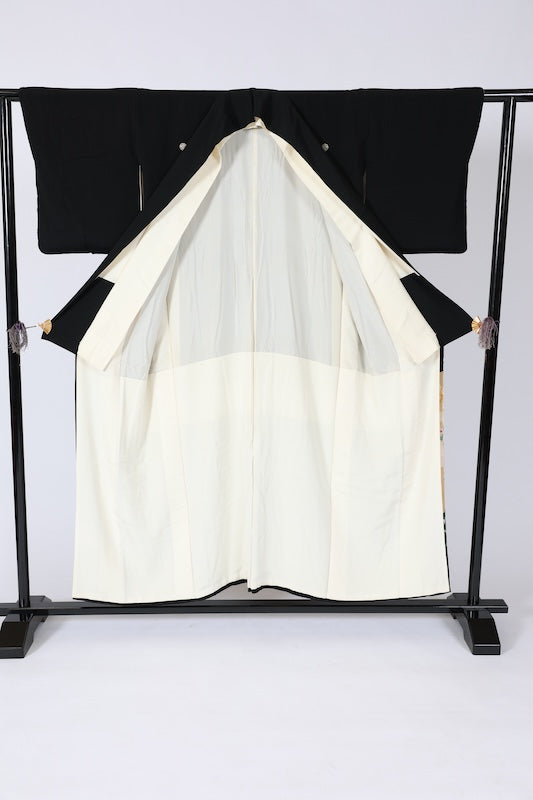 Black formal kimono used(Kurotomesode) - Green, coral, blue, gold - Flower and bird design - Hand-painted - Kyo-Kaga Yuzen (Kyoto style) - J4