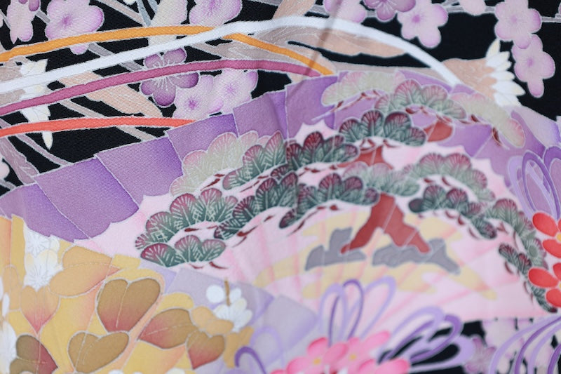 Black formal kimono used (Kurotomesode) in purple, yellow, vermilion, green, white, and cherry blossom pink, featuring a fan and flower design. Kyoto Kaga Yuzen dyeing technique, by a renowned artist. J6
