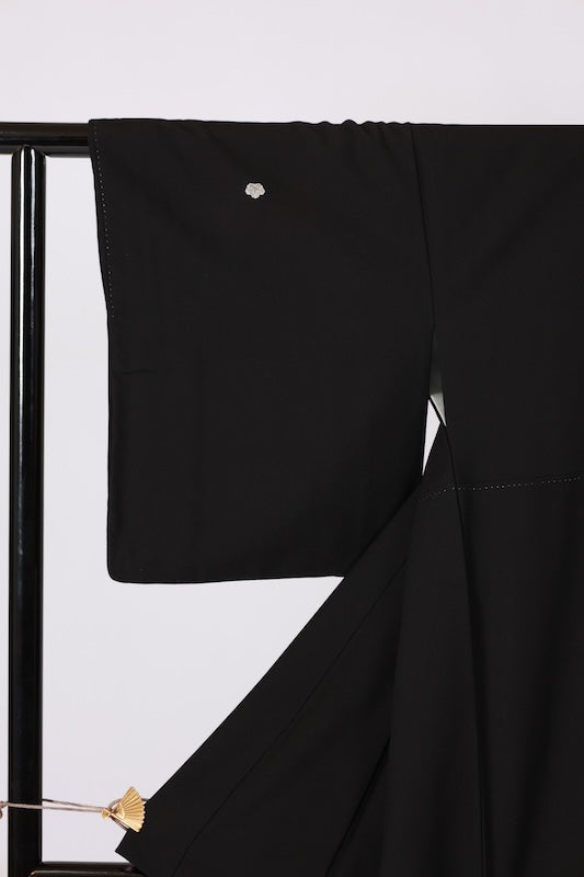 Black formal kimono (Kurotomesode) - Coral, green, cherry blossom pink, white, gold, brown, floral and bird pattern - J11