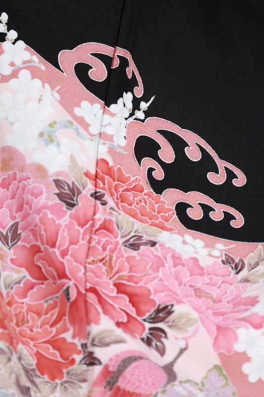 Black formal kimono (Kurotomesode) - Coral, green, cherry blossom pink, white, gold, brown, floral and bird pattern - J11