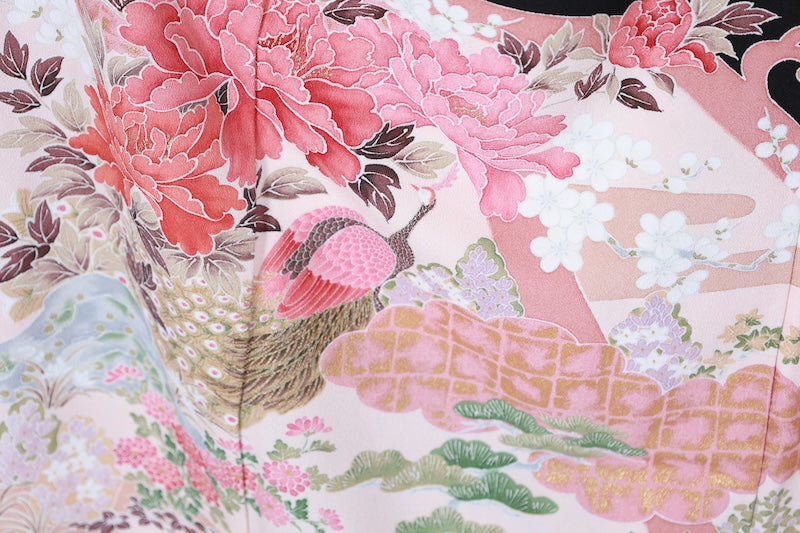 Black formal kimono (Kurotomesode) - Coral, green, cherry blossom pink, white, gold, brown, floral and bird pattern - J11