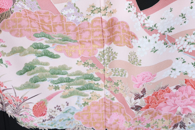 Black formal kimono (Kurotomesode) - Coral, green, cherry blossom pink, white, gold, brown, floral and bird pattern - J11