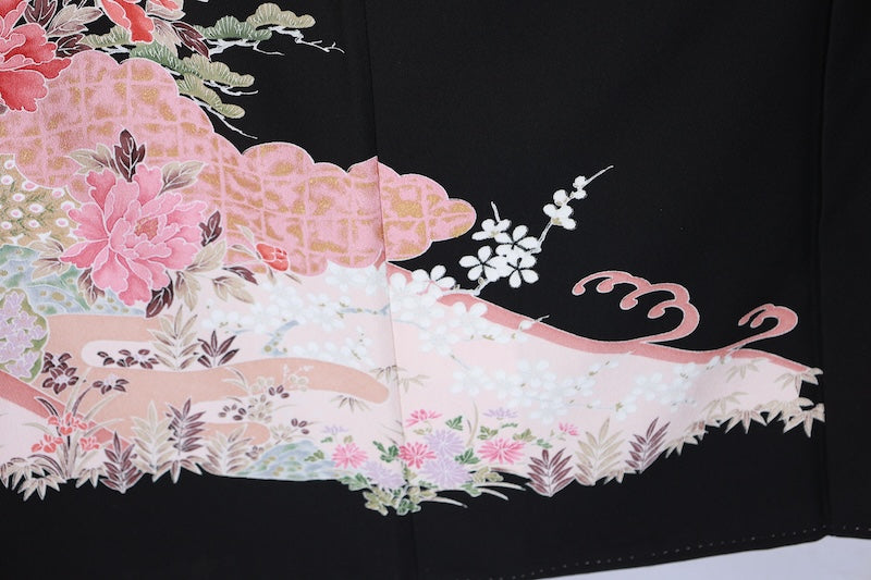 Black formal kimono (Kurotomesode) - Coral, green, cherry blossom pink, white, gold, brown, floral and bird pattern - J11