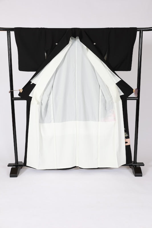 Black formal kimono (Kurotomesode) - Coral, green, cherry blossom pink, white, gold, brown, floral and bird pattern - J11