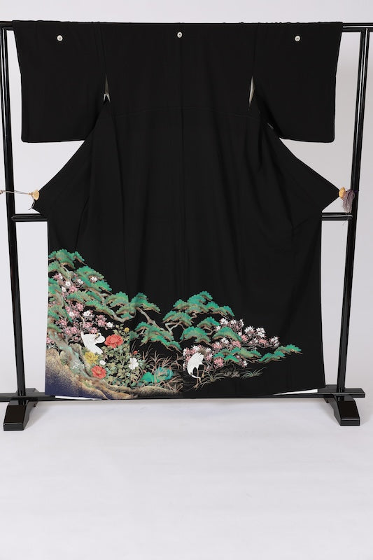 Black formal kimono used (Kurotomesode) - Green, gold, cherry blossom pink, white, brown, ink - Pine forest and crane design - Kyo-Yuzen dyeing - J5