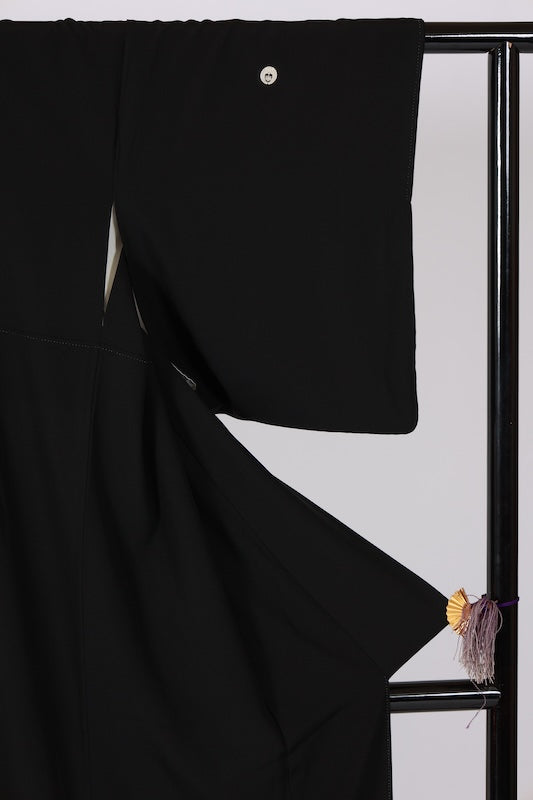 Black formal kimono used (Kurotomesode) - Green, gold, cherry blossom pink, white, brown, ink - Pine forest and crane design - Kyo-Yuzen dyeing - J5