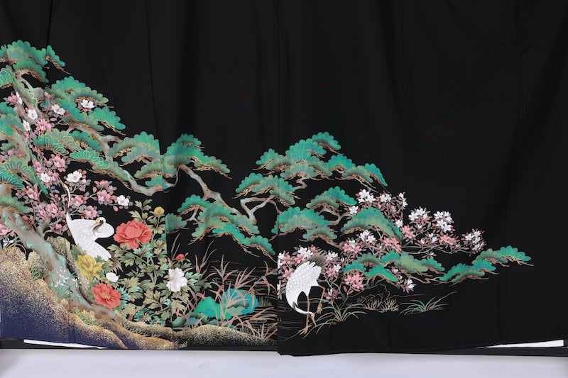 Black formal kimono used (Kurotomesode) - Green, gold, cherry blossom pink, white, brown, ink - Pine forest and crane design - Kyo-Yuzen dyeing - J5