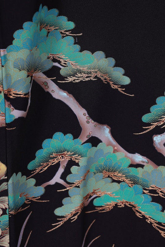 Black formal kimono used (Kurotomesode) - Green, gold, cherry blossom pink, white, brown, ink - Pine forest and crane design - Kyo-Yuzen dyeing - J5