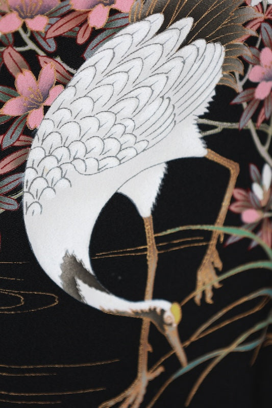 Black formal kimono used (Kurotomesode) - Green, gold, cherry blossom pink, white, brown, ink - Pine forest and crane design - Kyo-Yuzen dyeing - J5