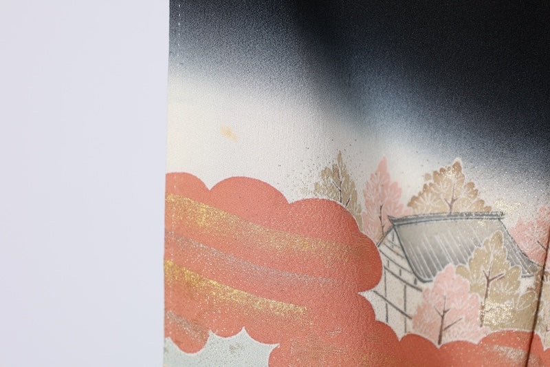 Black formal kimono used (Kurotomesode) - Green, coral, gold, white, black, brown - hand-painted - five crests in a circle with plum blossom design - artist-made - J2