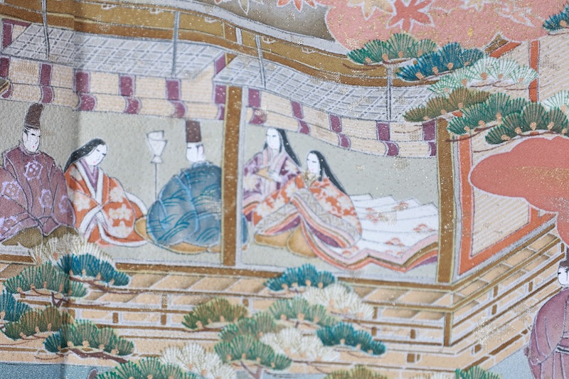 Black formal kimono used (Kurotomesode) - Green, coral, gold, white, black, brown - hand-painted - five crests in a circle with plum blossom design - artist-made - J2