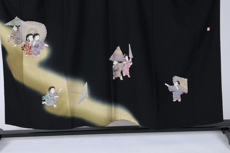 Black formal kimono　used (Kurotomesode) - Light purple, black, white, dark blue, crimson, ochre, gray, moss green - Children's design - Hand-painted Kyoto Yuzen dyeing - Artist's work - J1