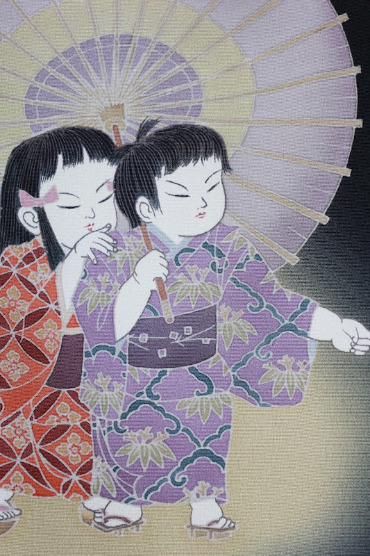 Black formal kimono　used (Kurotomesode) - Light purple, black, white, dark blue, crimson, ochre, gray, moss green - Children's design - Hand-painted Kyoto Yuzen dyeing - Artist's work - J1