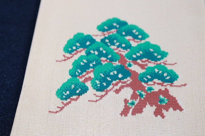 Brand new silk cloth (fukusa), tapestry weave, gold, green, brown, pine pattern, R404