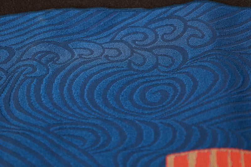 Table runner, Hakata weave, brand new, blue, red, gold, wave pattern, gold seal, R396