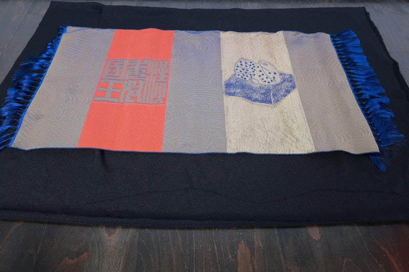 Table runner, Hakata weave, brand new, blue, red, gold, wave pattern, gold seal, R396