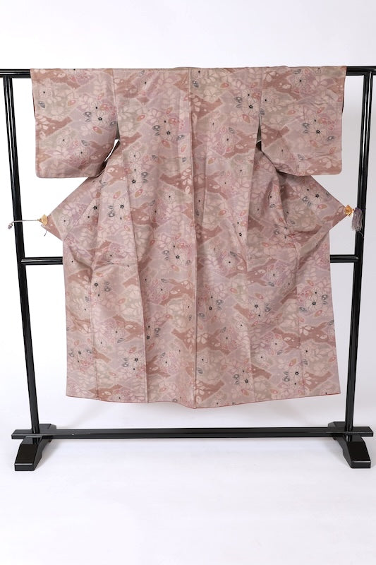 Ojiya Tsumugi used silk fabric, light purple, gray, brown, black, Tsujigahana pattern, J36
