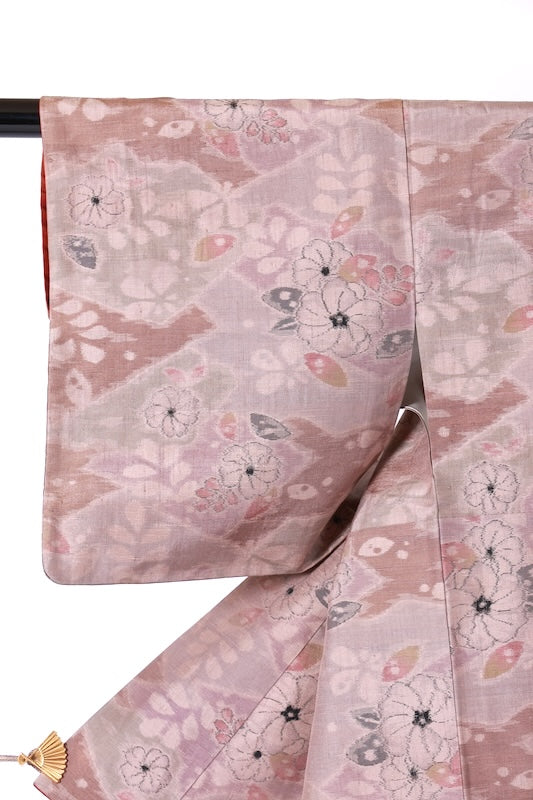 Ojiya Tsumugi used silk fabric, light purple, gray, brown, black, Tsujigahana pattern, J36