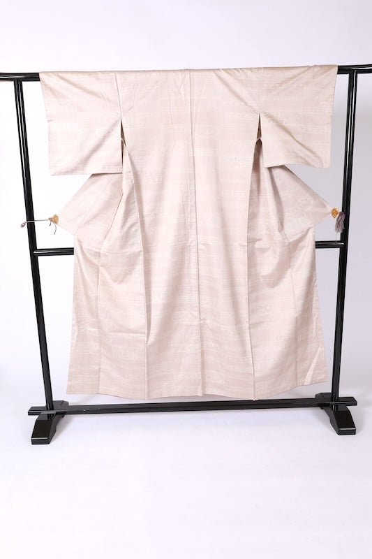 Tsumugi used kimono silk fabric, beige, light brown, light green, horizontal stripes, ikat pattern, J37
