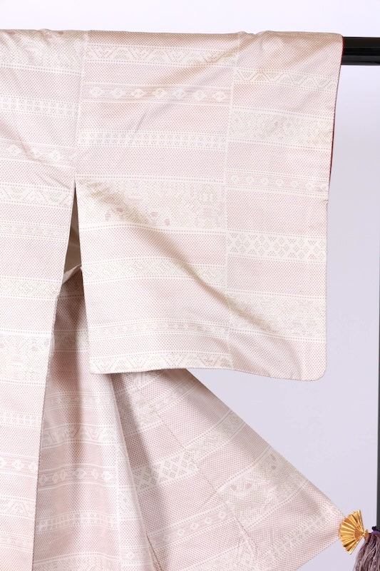 Tsumugi used kimono silk fabric, beige, light brown, light green, horizontal stripes, ikat pattern, J37