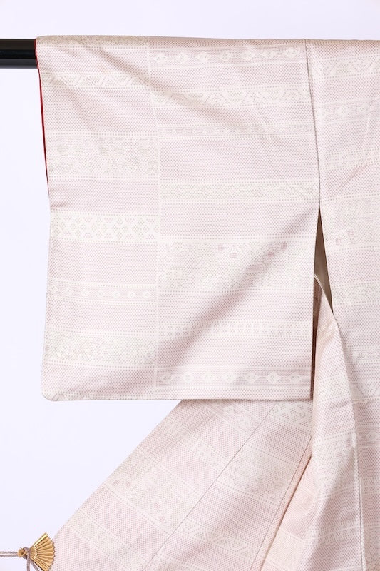 Tsumugi used kimono silk fabric, beige, light brown, light green, horizontal stripes, ikat pattern, J37