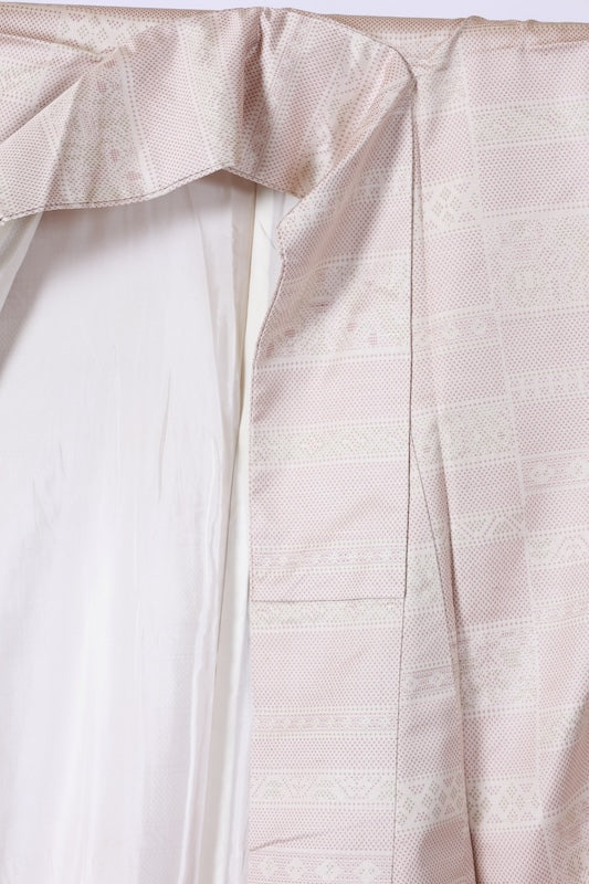 Tsumugi used kimono silk fabric, beige, light brown, light green, horizontal stripes, ikat pattern, J37