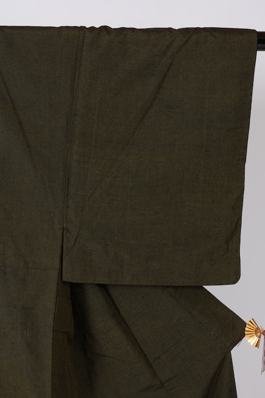 Men's used Kimono ensemble, dark green, silk floss, handwoven, J40