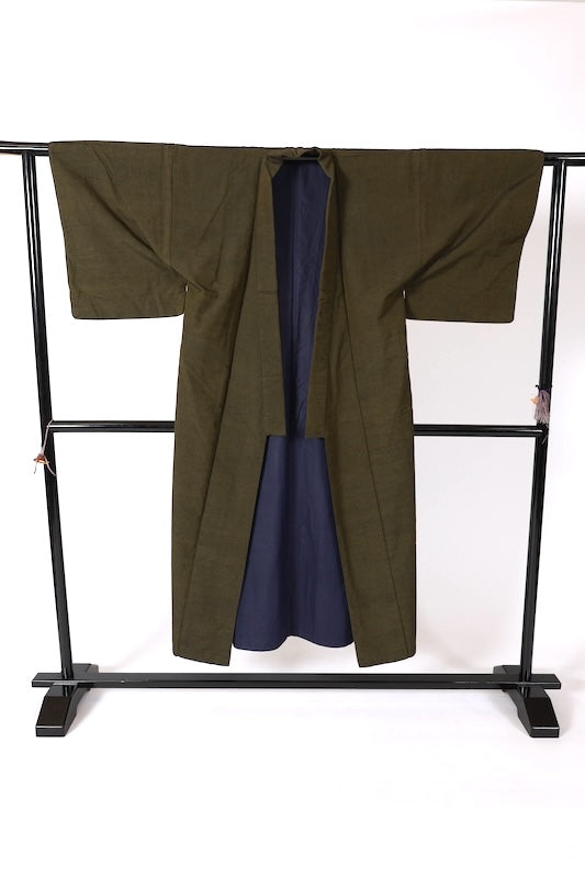 Men's used Kimono ensemble, dark green, silk floss, handwoven, J40