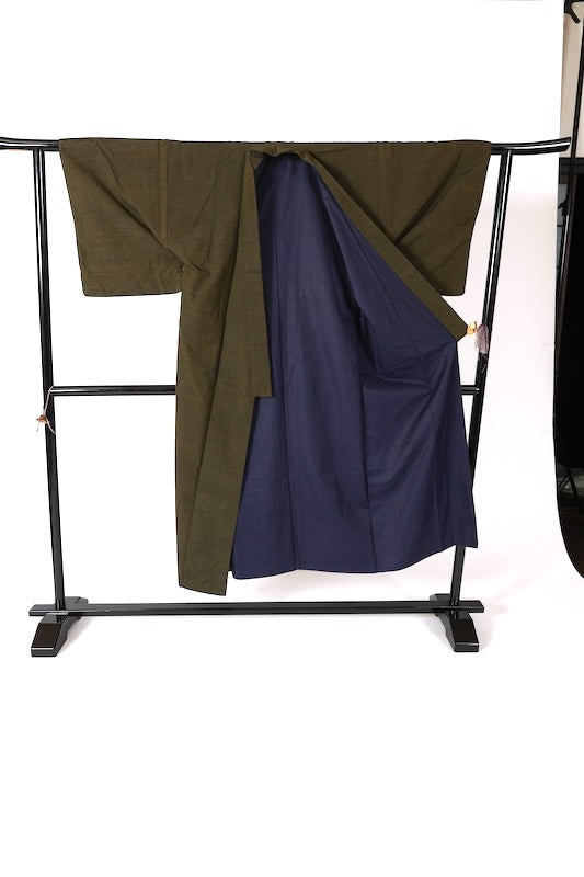 Men's used Kimono ensemble, dark green, silk floss, handwoven, J40