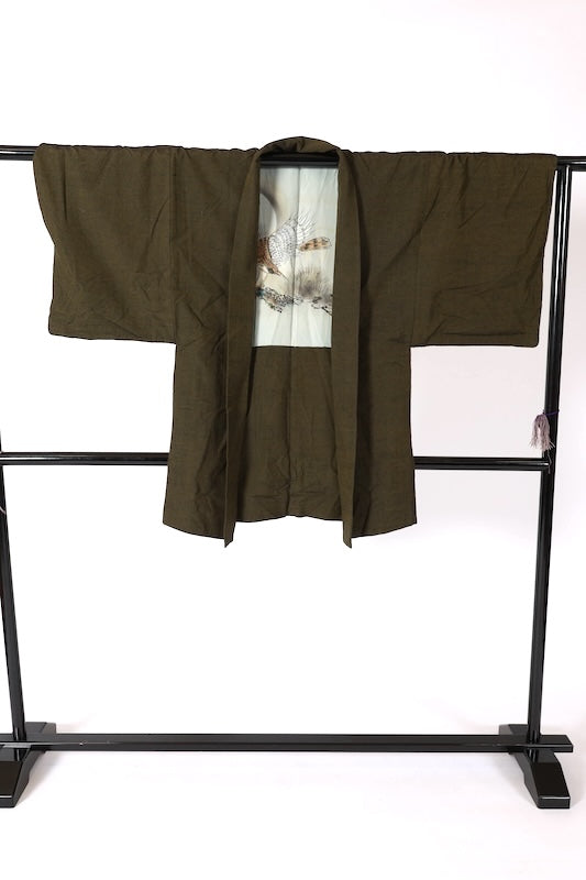 Men's used Kimono ensemble, dark green, silk floss, handwoven, J40