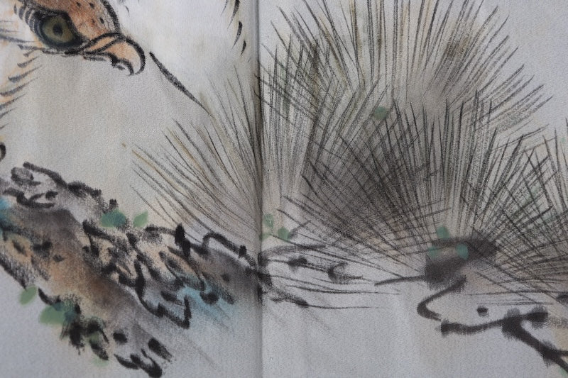 Men's used Kimono ensemble, dark green, silk floss, handwoven, J40