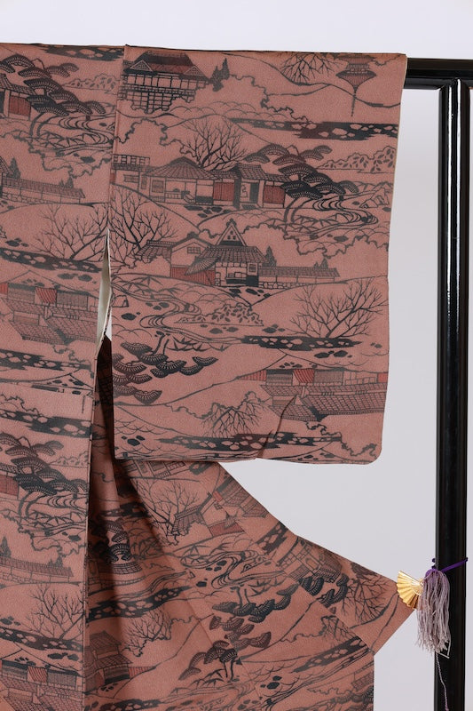 Edo Komon used (a type of traditional Japanese patterned kimono fabric) by Yukio Nanbu, featuring tool carvings, shades of brown, black, and purple, depicting a tea house scene. L33