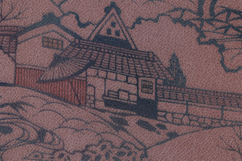 Edo Komon used (a type of traditional Japanese patterned kimono fabric) by Yukio Nanbu, featuring tool carvings, shades of brown, black, and purple, depicting a tea house scene. L33