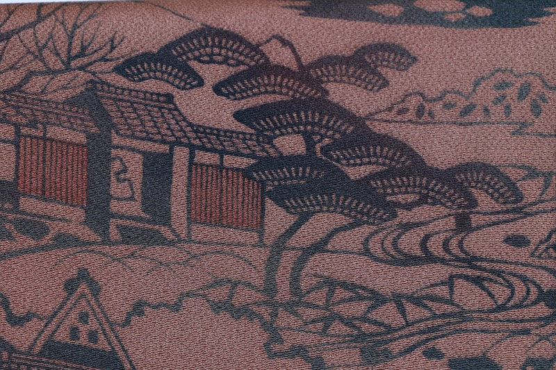 Edo Komon used (a type of traditional Japanese patterned kimono fabric) by Yukio Nanbu, featuring tool carvings, shades of brown, black, and purple, depicting a tea house scene. L33