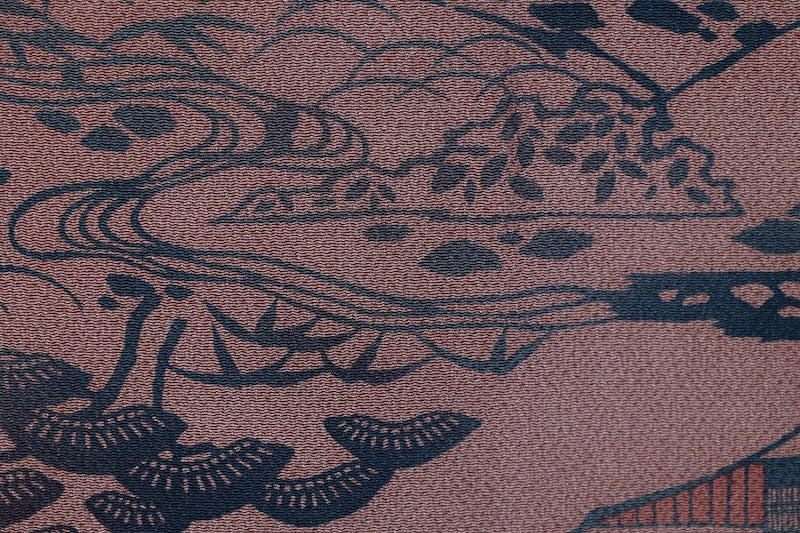 Edo Komon used (a type of traditional Japanese patterned kimono fabric) by Yukio Nanbu, featuring tool carvings, shades of brown, black, and purple, depicting a tea house scene. L33
