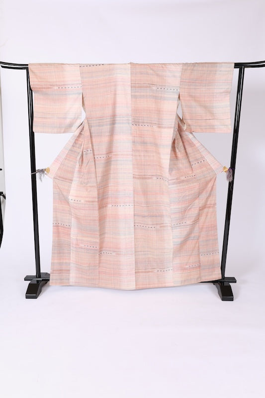 Japan kimono used Yonezawa Tsumugi  silk fabric, beige, brown, pink, indigo, horizontal stripes, geometric pattern, handwoven, naturally dyed, raw silk, L35