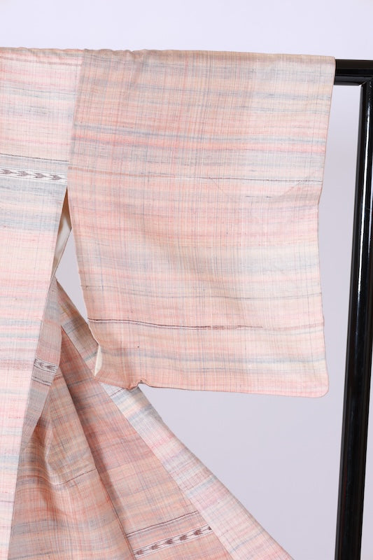 Japan kimono used Yonezawa Tsumugi  silk fabric, beige, brown, pink, indigo, horizontal stripes, geometric pattern, handwoven, naturally dyed, raw silk, L35