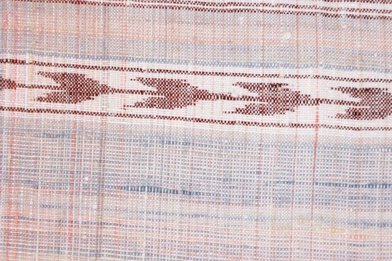 Japan kimono used Yonezawa Tsumugi  silk fabric, beige, brown, pink, indigo, horizontal stripes, geometric pattern, handwoven, naturally dyed, raw silk, L35