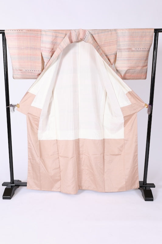 Japan kimono used Yonezawa Tsumugi  silk fabric, beige, brown, pink, indigo, horizontal stripes, geometric pattern, handwoven, naturally dyed, raw silk, L35