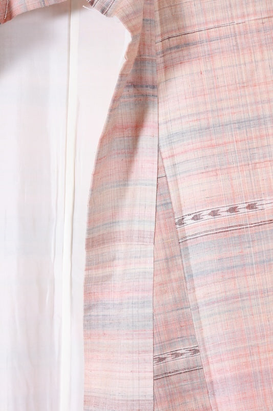 Japan kimono used Yonezawa Tsumugi  silk fabric, beige, brown, pink, indigo, horizontal stripes, geometric pattern, handwoven, naturally dyed, raw silk, L35