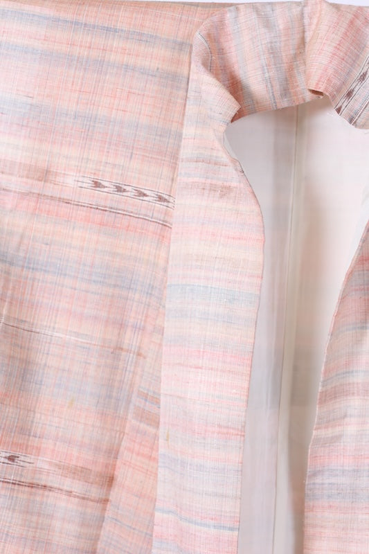 Japan kimono used Yonezawa Tsumugi  silk fabric, beige, brown, pink, indigo, horizontal stripes, geometric pattern, handwoven, naturally dyed, raw silk, L35