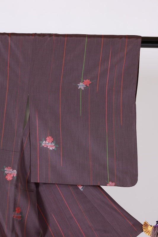Japan used kimono Tsumugi silk, Nishijin weave, purple, green, tangerine, floral pattern, stripes, L36